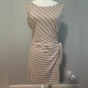 GUESS Hailey Side Ruched Striped Cream/White Size 10 Dress NWT